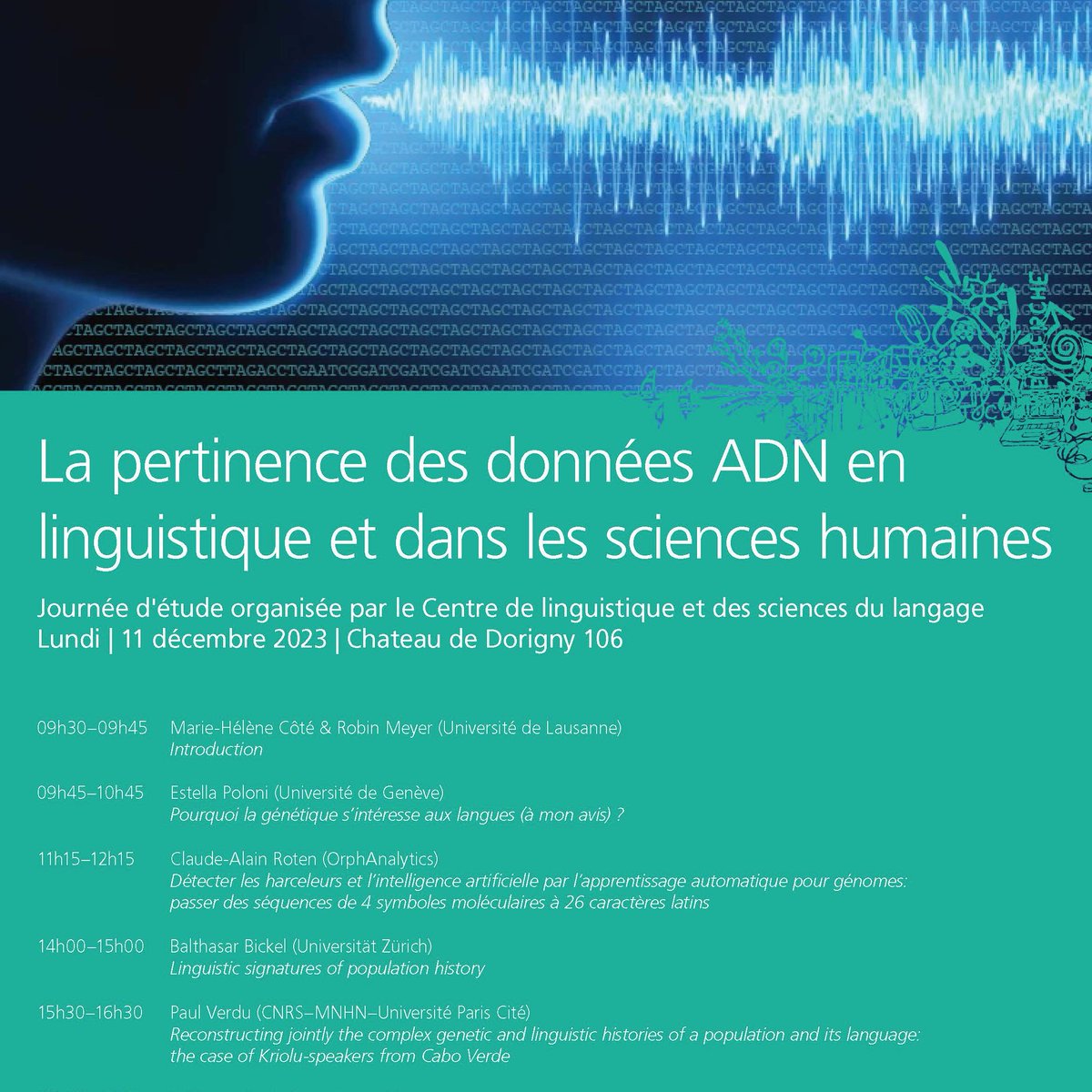 Journée d'étude "La pertinence des données ADN en linguistique et dans les sciences humaines", organisée par Marie-Hélène Côté et Robin Meyer, Université de Lausanne, SLI, le 11 décembre 2023, ouverte à toutes et tous. Programme sur: agenda.unil.ch/display/169384…