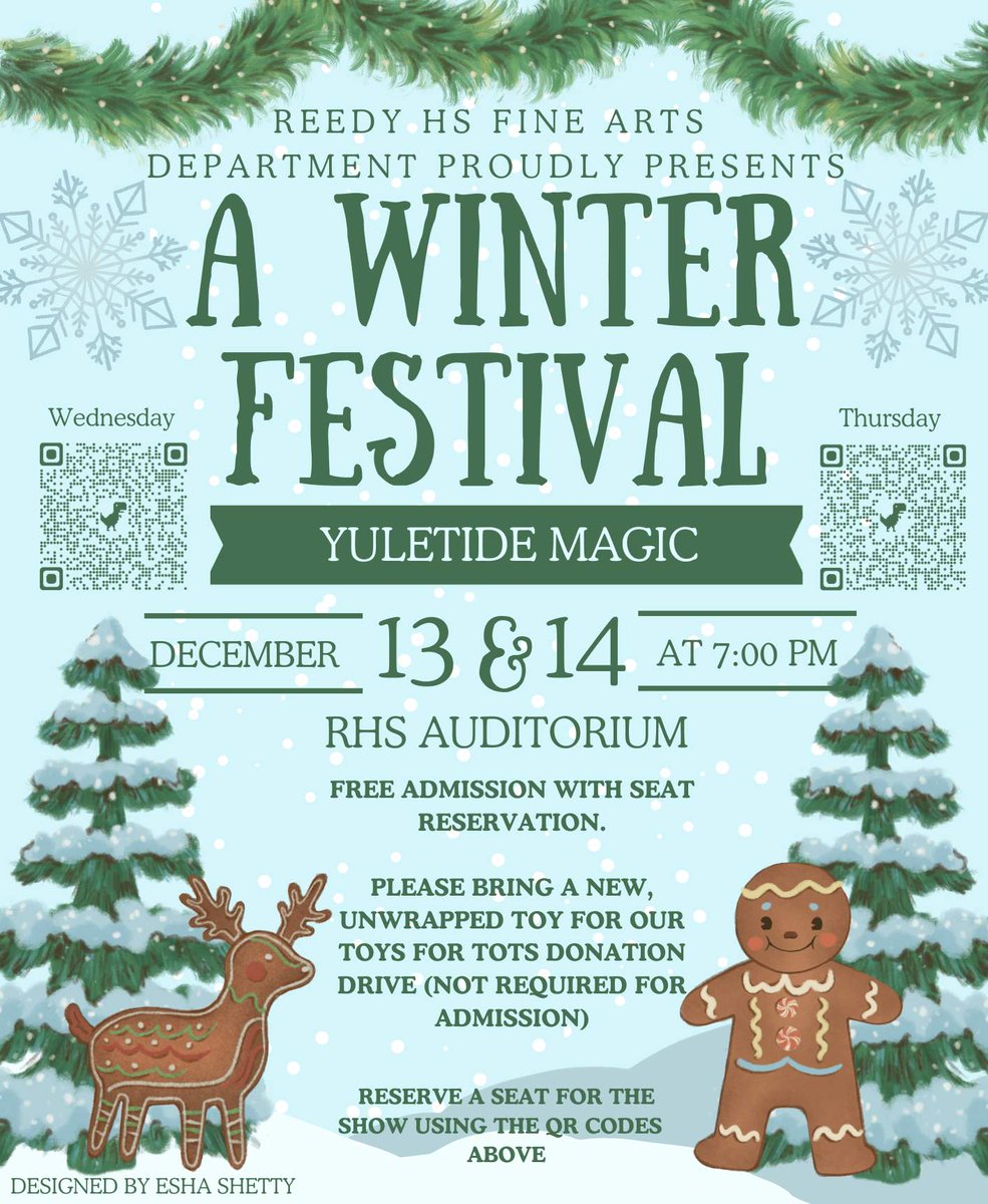 The Reedy HS Fine Arts Department is proud to present 'A Winter Festival - Yuletide Magic'! There will be two identical performances on Wednesday, December 13, &amp; Thursday, December 14, at 7:00PM in the RHS Auditorium. 
See flyer for ticket info! <a href="/ReedyLions/">Reedy High School</a>