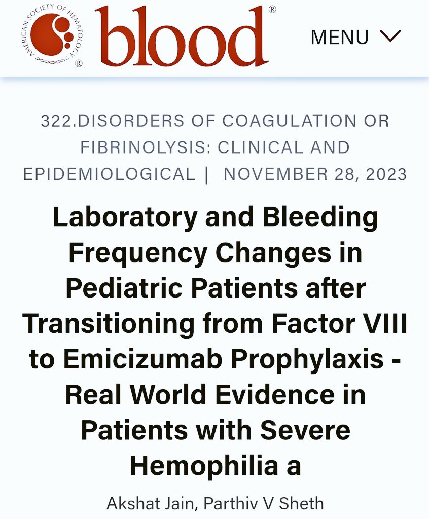 Laboratory and Bleeding Frequency Changes in Pediatric Patients after Transitioning from Factor VIII to Emicizumab Prophylaxis -Real World Evidence in Patients with Severe Hemophilia A
#ASH23
 ashpublications.org/blood/article/… 1/5491/505627/Laboratory-and-Bleeding-Frequency-Changes-in