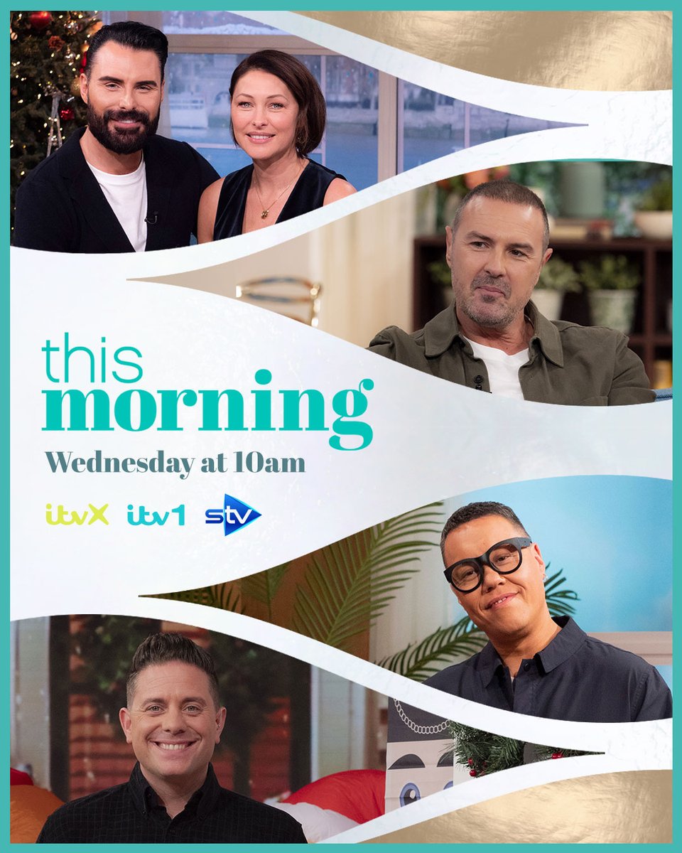 Here's your lineup for Wednesday's #ThisMorning with @Rylan and @EmmaWillis:

😆 The hilarious @PaddyMcGuinness heads back on tour!
👗  @therealgokwan has the perfect looks to make you look dazzling this December.
🎁  @stevewilson74 is here with his pick of the best children's…