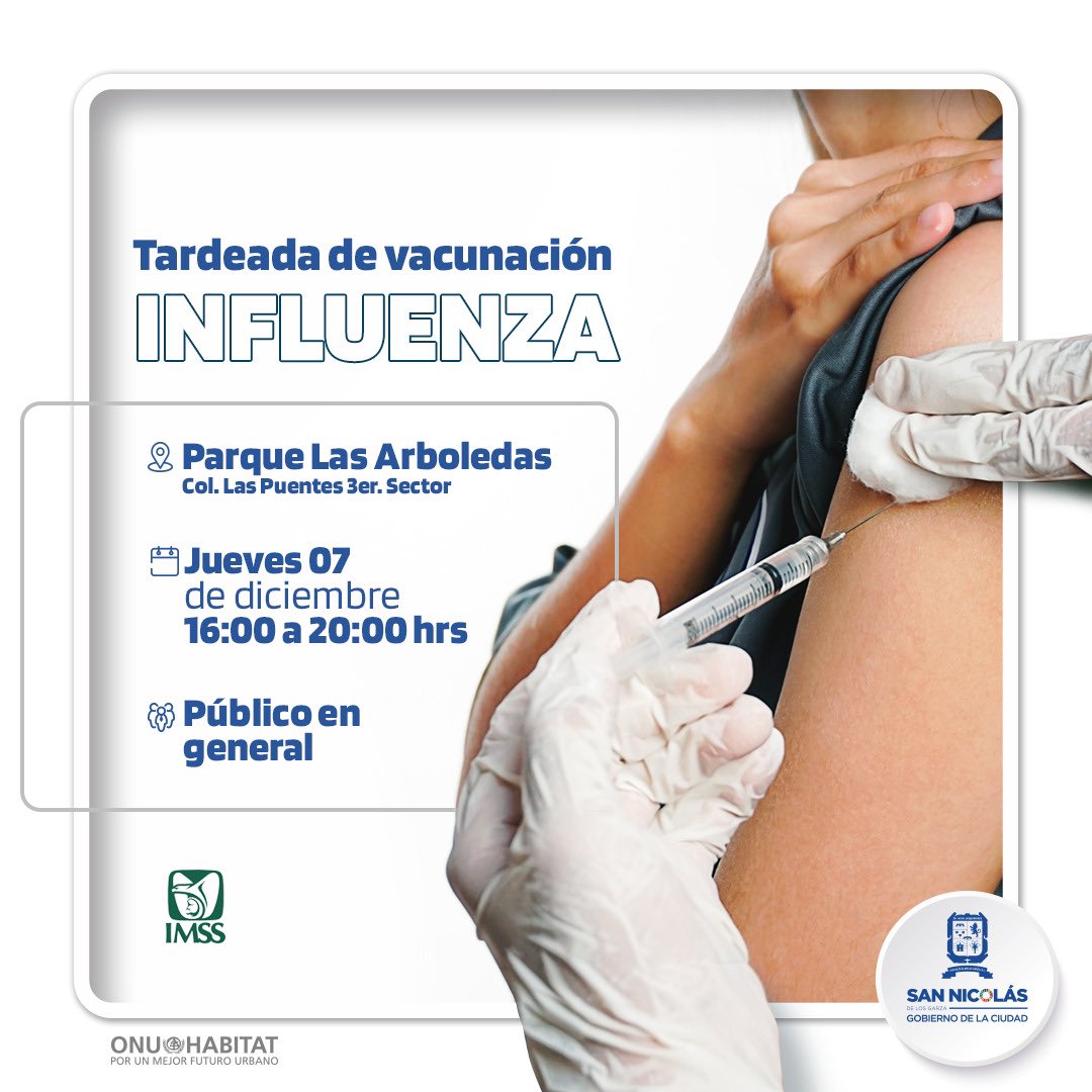 #AgendaSN | Vacuna contra la influenza 💉

👉🏼 Acude este 07 de diciembre a parque Las Arboledas de 4 a 8 PM. 

Vacunación dirigida a público en general.