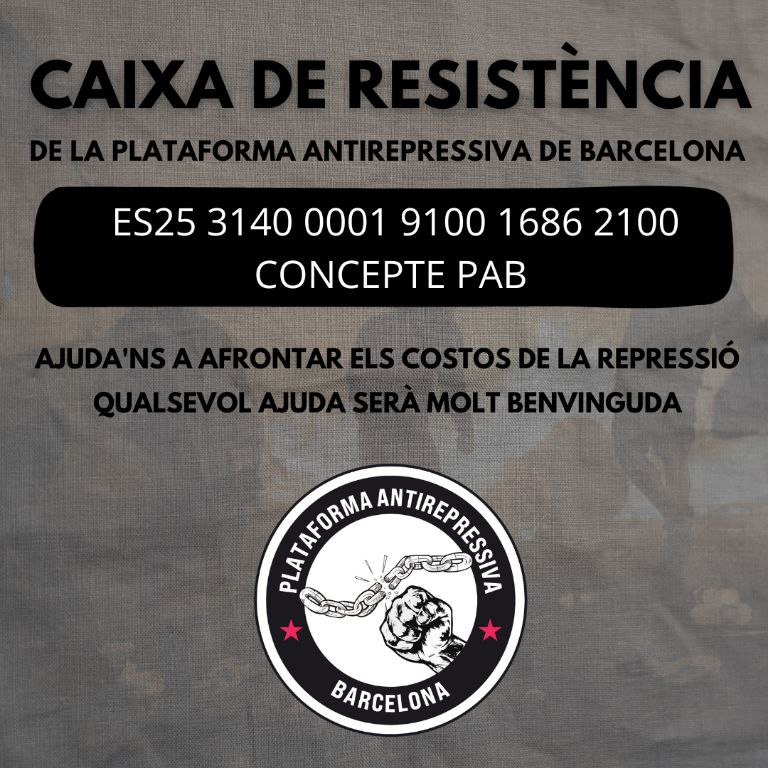 🗣️ Si voleu ajudar les encausades per l'#OperacióJudas:
👉 Per les d'<a href="/antirepreBCN/">Plataforma Antirepressiva de Barcelona #PAB</a> concepte #PAB.
👉 Per l'Alexis des de <a href="/viaindepen/">Via Independència</a>.
👉 Per les altres 9 encausades, des de <a href="/Detingudes23S/">Detingudes23S</a>.