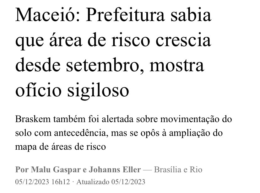 DESDE SETEMBRO, BICHO HÁ 2 MESES QUE JÁ SABIAM DISSO POR ISSO, REPITO: A MAIOR BENEFICIADA COM ESSE AUÊ TODO DE AGORA FOI A BRASKEM! Consegui fazer o despejo de toda a área afetada, livrando-se de ações judiciais momentâneas de indenização