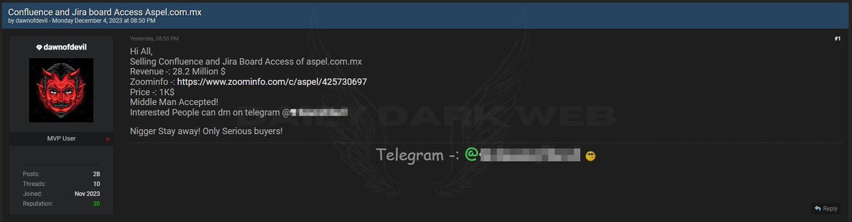 Un #threatactor afirma estar vendiendo #acceso no autorizado a #confluence y al #JIRAboard de @SiigoAspel

 'Aspel es una empresa líder en software administrativo financiero y contable con sede en México.'

 Precio: $1000 #USD

#darkweb #hacker #hacked #deepweb #mexico…