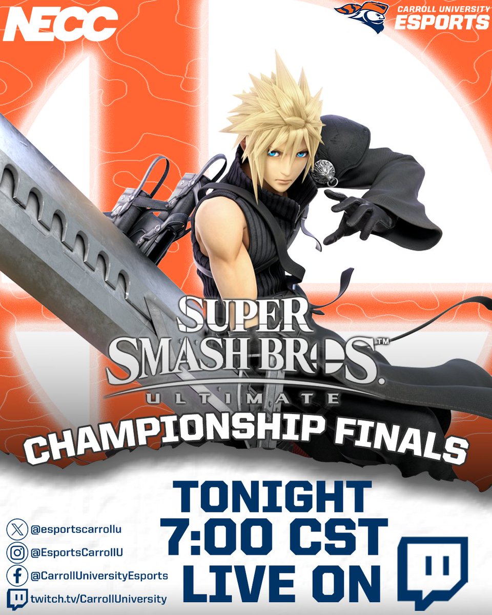 Hey #ePios! Yet. Another. Banger.

TONIGHT!! LIVE at 7:00 PM CST on Twitch.tv/carrollunivers…, Our Smash Bros ePios go Head to Head against UNO Black for the neccgames Championship in this FInal Game!