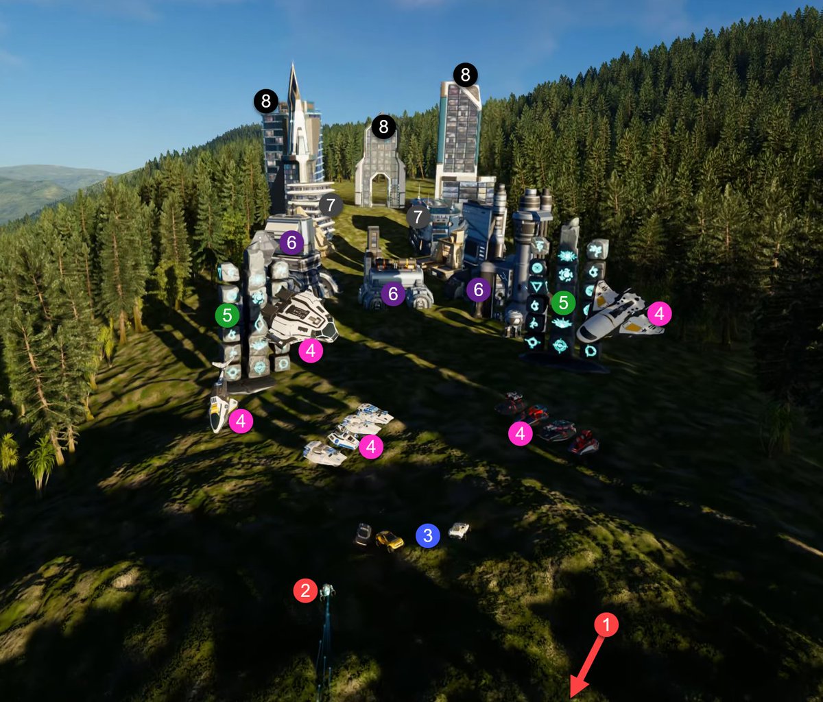 AustinHolmes360's tweet photo. I think this scene hints about the order the team plans on releasing various in-game elements.

1. Metars (released)
2. CyDroids (released)
3. Ground Vehicles (Next Release?)
4. Flying/Battle Vehicles
5. Game/Boosts Feature
6. Small Bldg/EcoSim
7. Mid-sized Bldgs
8. Large Bldgs

If you watch the video and the order they disappear you can see how they are grouped as I have them numbered and when the video pans down you can see the last two remaining are CyDroids and the Mentar. So if you play it in reverse it will show (IMO) the order of the future releases.