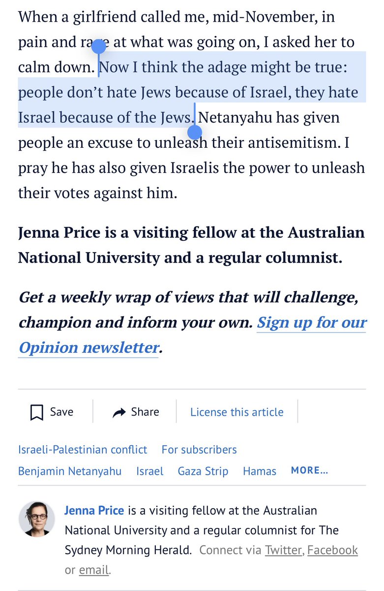 Pretty bizarre conclusion from <a href="/JennaPrice/">Dr Jenna Price</a> to a strong column. There’s certainly that factor in the far Right for whom the only good Jewish people are in Israel, and for whom there is no good Muslim. All the people I know are outraged by Israel’s crimes against humanity.