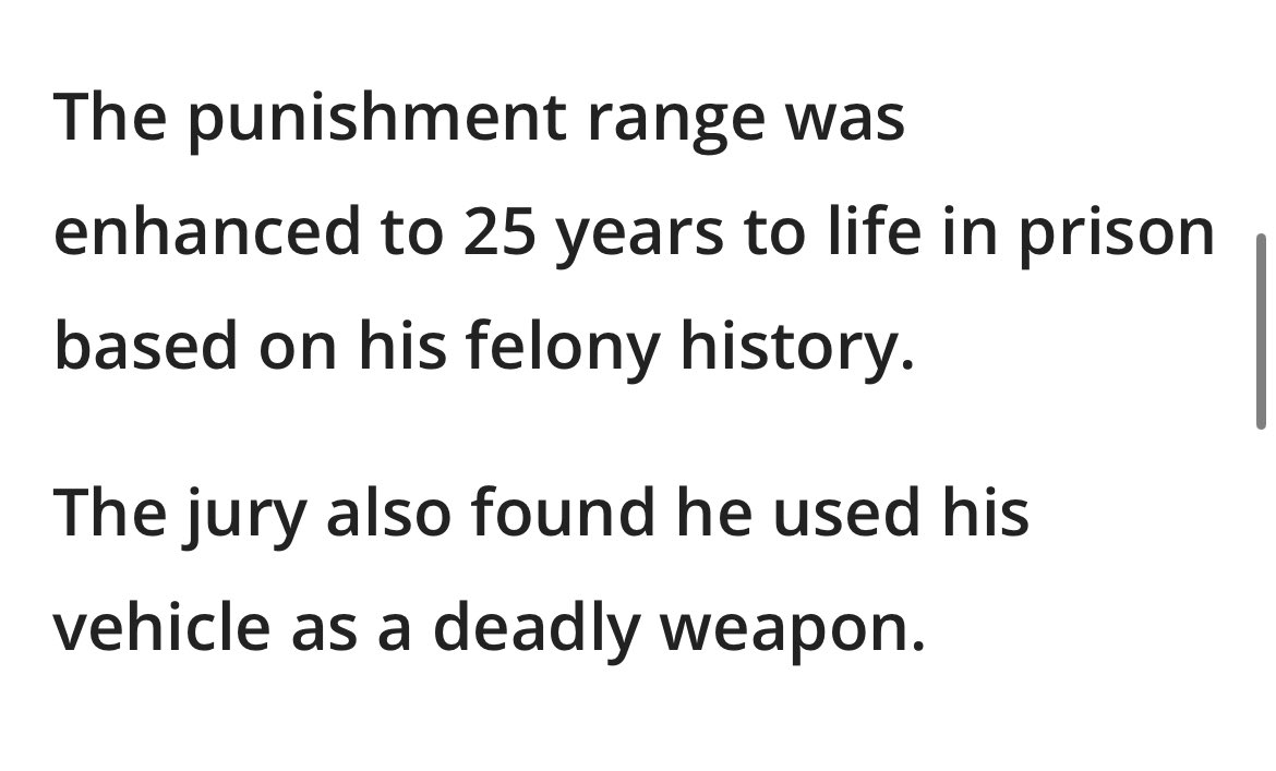 @JamesonHalpern @DaunenJ @wil_da_beast630 Dude was way way over the limit and ran someone off the road. I didn’t look at his conviction to see what the actual charges were being the ones in the article, but one of them was using his vehicle as a deadly weapon so I’m sure that was a big factor.