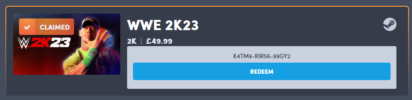 Here's a code for WWE 2K23 for Steam.    No way I'm redeeming this on my account! #wwe #wwe2k23 #SteamGame