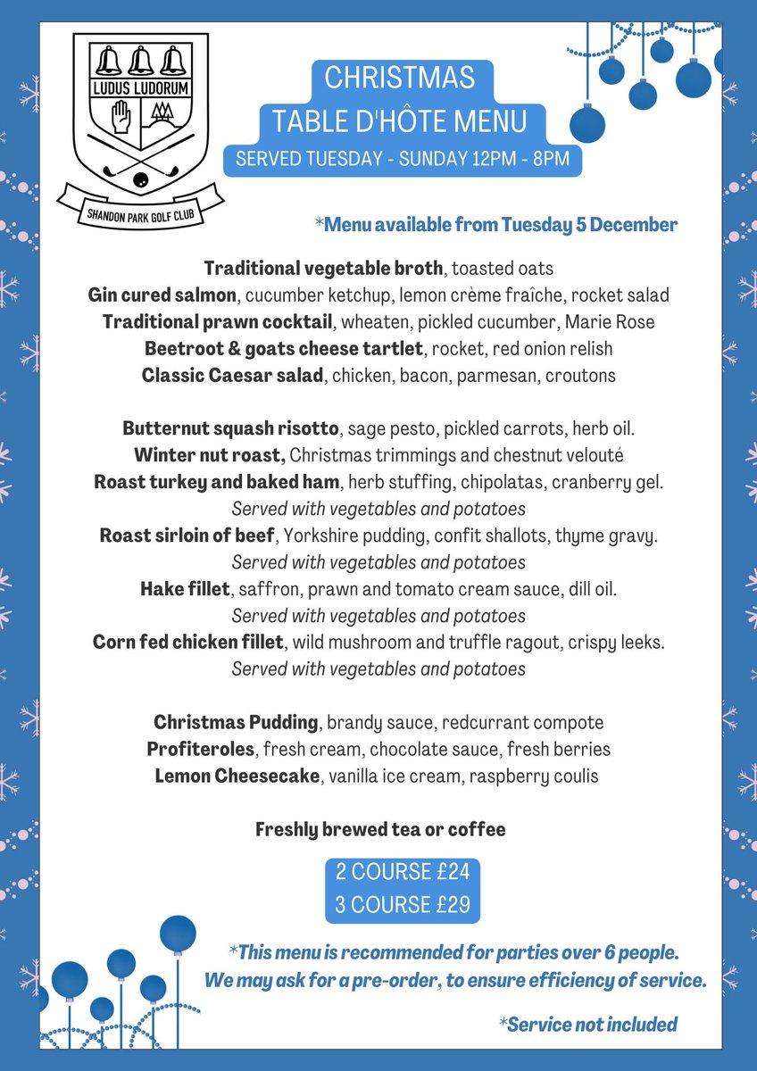 ShandonParkGC's tweet image. Our new Christmas 🎄 menus are available from today! 

Do please let us know what you think - your 🍽️ feedback is always important to us @ShandonParkGC. 

#LoveGolf #LoveSPGC #LoveXMas 

@love_belfast @Karensi26522933 @HowToEnjoyBLFST @nigolfinfo @NIGolfChannel @baker_graeme