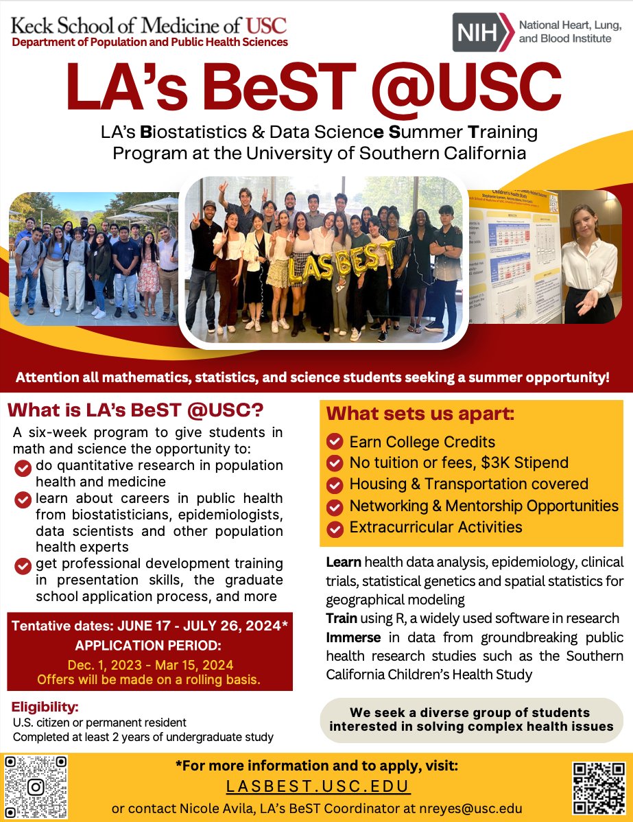 🗣️SUMMER OPPORTUNITY: Attention all #math, #statistics, and #science undergrad students, the application period for our 6-week program designed to introduce you to the basics of biostatistics and data science is here! Learn more and Apply Today: lasbest.usc.edu