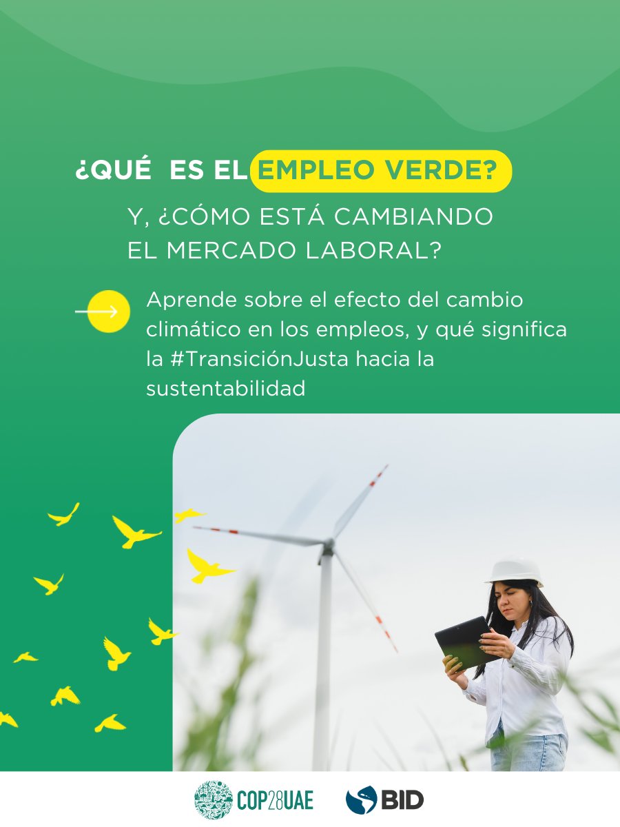 El #EmpleoVerde disminuye el impacto ambiental del ser humano, preserva y restaura el medioambiente.  ¿Qué tipos de ocupaciones pueden llamarse “verdes” y qué habilidades se necesitan para hacerlas? Entérate👉blogs.iadb.org/trabajo/es/que…

#TransiciónJusta #COP28
