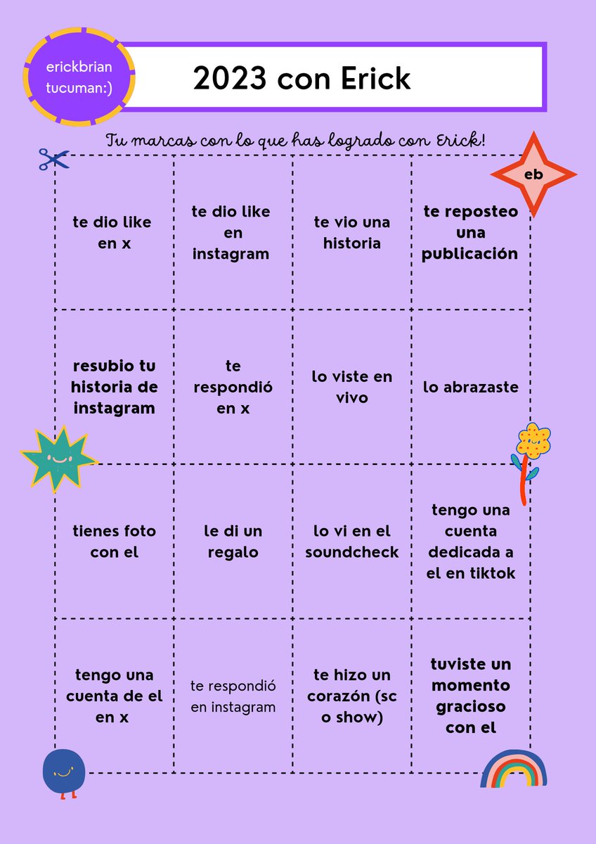 Buenas Tardes, acá les dejamos esto que es como un bingo en donde debes marcar con lo que te ha pasado con Erick<3

-esperamos ver todos completados!
nos etiquetan asi les damos rt;)