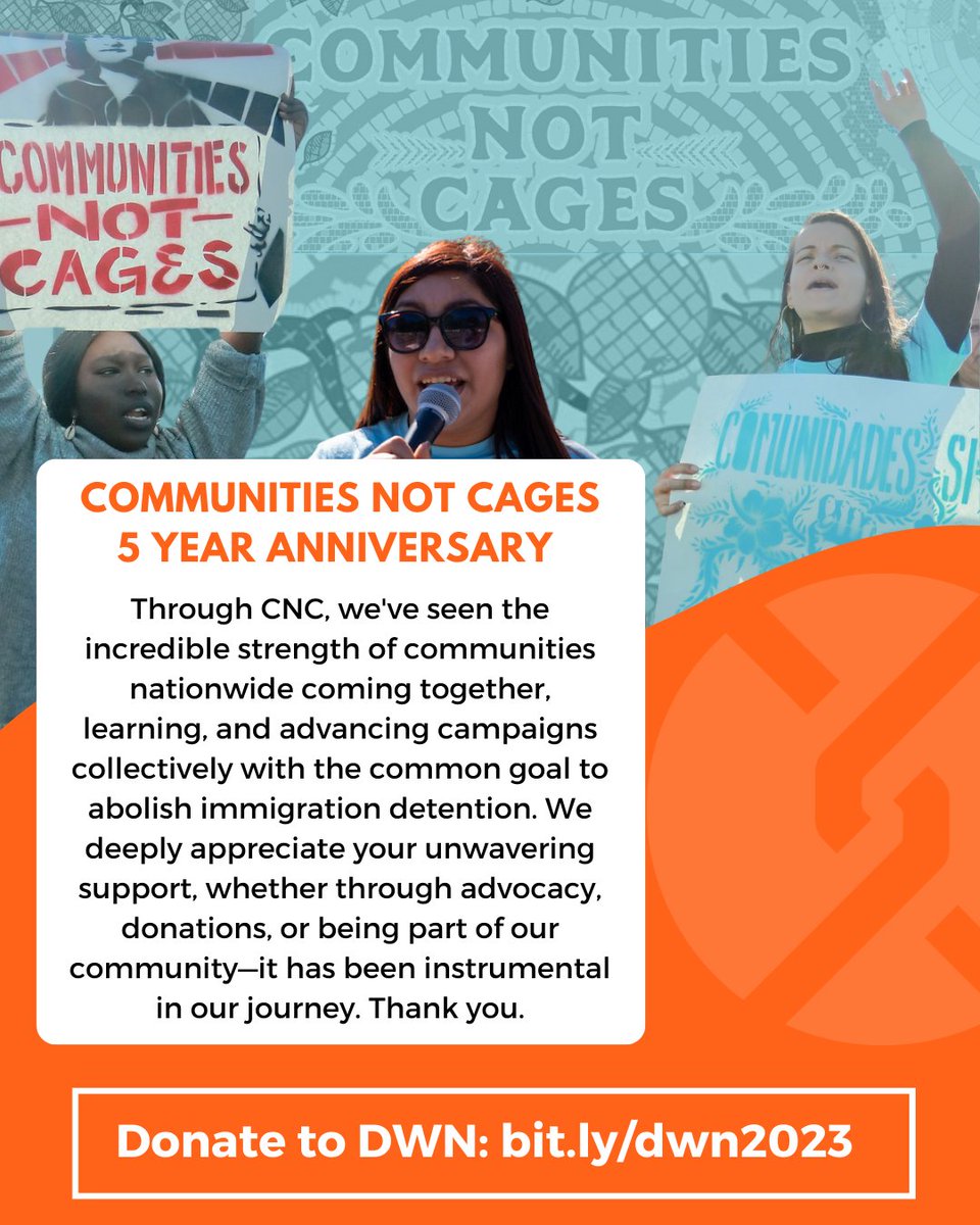 Celebrating 5 years of #CommunitiesNotCages! 🎉 Join us in reflecting on the incredible strength of our communities. As we reflect, consider donating to help us expand our efforts & move closer to a world without immigration detention.  

Donate today: bit.ly/dwn2023