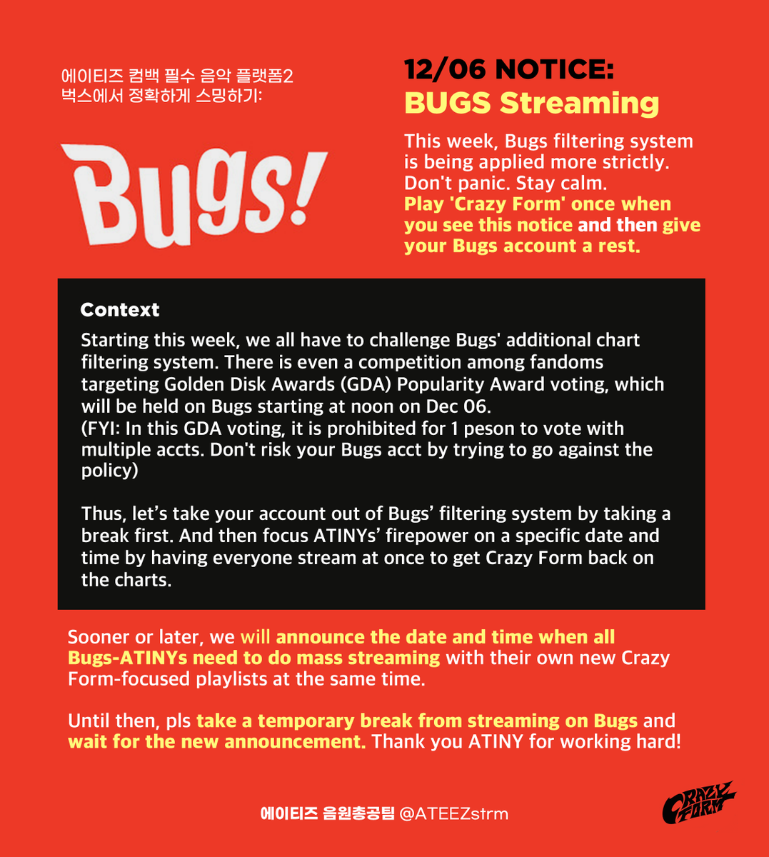 ATEEZstrm's tweet photo. NOTICE: Bugs Streaming (12/06)
ATINY! Pls read &amp; share this post so that many BUGS-ATINYs can know of this!🐞
#ATEEZ #미친폼 #Crazy_Form https://t.co/IhTg9rFRG2
