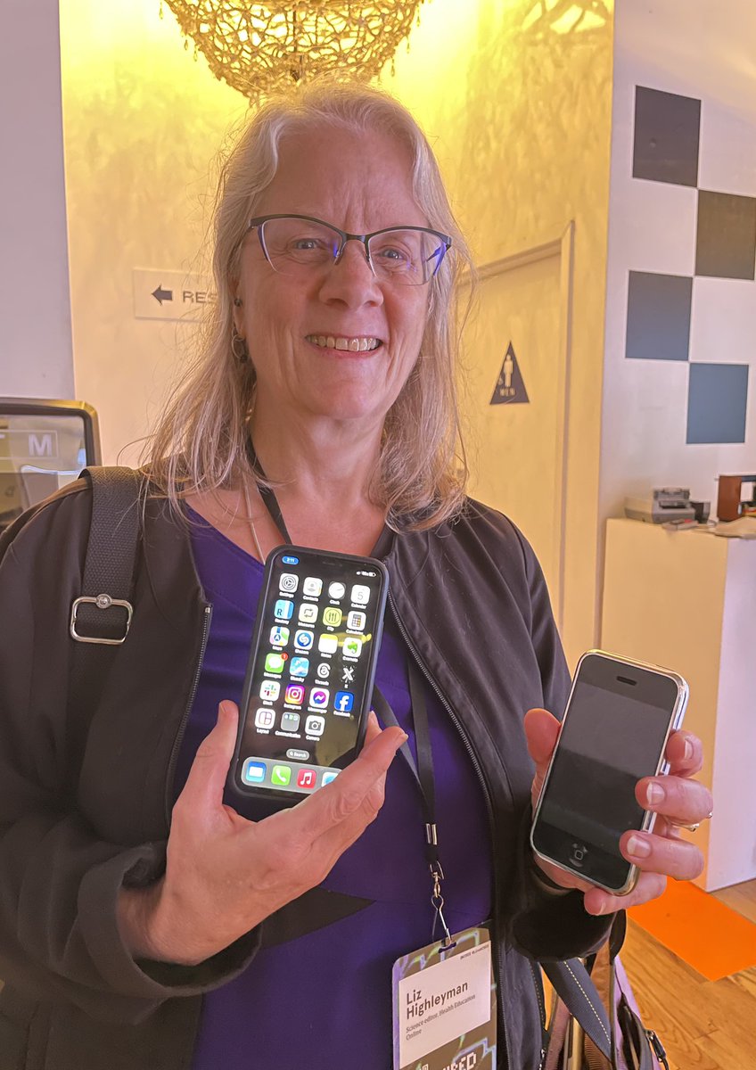 LizHighleyman's tweet photo. I forgot how tiny the first iPhone was (2007 vs 2019) & how fat the early MacBook was! #LiveWired https://t.co/xXzxWnk52s