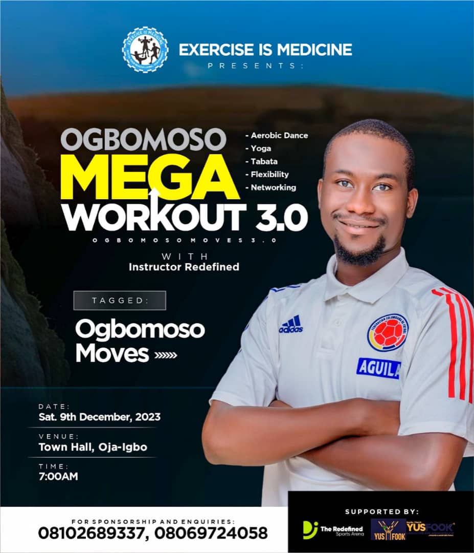 This is for you✌
Are you a business owner?

The Ogbomoso Mega Workout 3.0 is happening this Sat, Dec. 9th 2023.

If you'd like your brand logo on our official backdrop,kindy send a DM to 08134956064.

Let's showcase your brand and support this amazing event together!