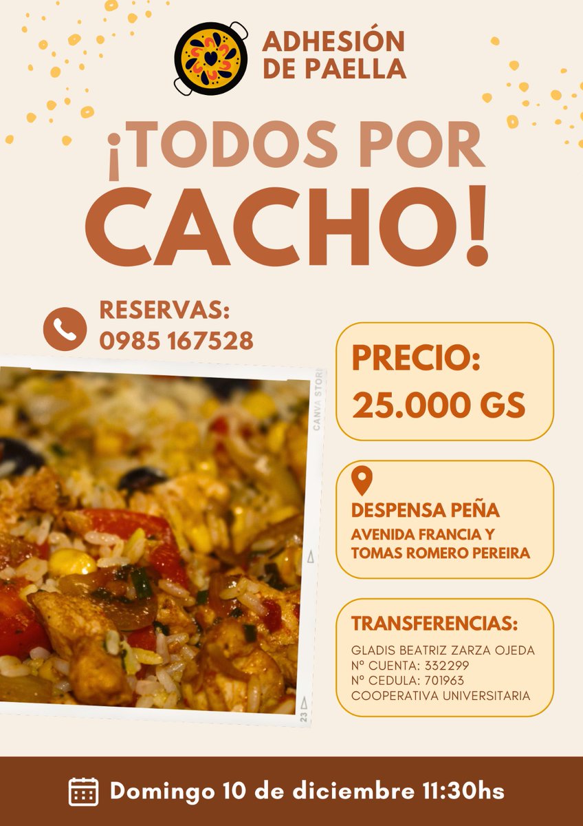 Amigos de Encarnación y amantes del fernet de la rambla les pido un RT y si está en sus posibilidades este domingo morfense una paella, todo lo recaudado va para que papá se pueda operar y asi seguir recibiendoles a todos con la Cachidad(? que le caracteriza en la Rambla! 🎱✨🍻