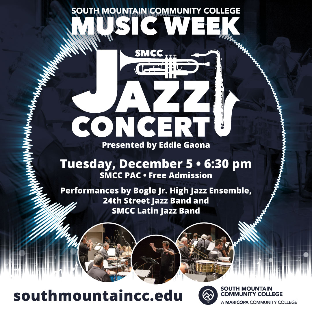 🎷🌟 Don't miss SMCC's Jazz Concert at 6:30 PM! 

Experience an enchanting evening of music and groove at the SMCC Performing Arts Center! It's a free concert open to the community! Details: southmountaincc.edu/music-week  #SMCCJazzNight #LiveMusic #FeelTheGroove