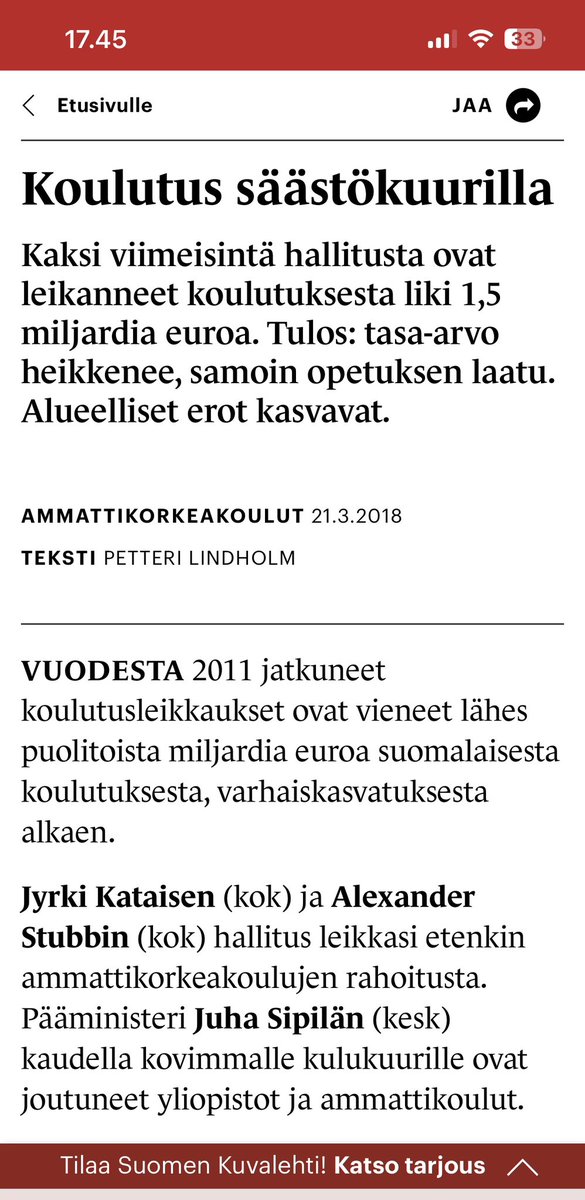 Olisi hassua ellei 1,5mrd koulutusleikkaukset v.2011-2019 näkyisi #Pisa2018 #Pisa2022 Pisa-tuloksissa. Näistä saamme 'kiittää' entistä sivistyspuoluetta #Kokoomus #JyrkiKatainen  #AlexanderStubb #PetteriOrpo  #Keskusta ja #Persut
Leikkaukset jatkuvat  2024-2026. 
#Opetushallitus