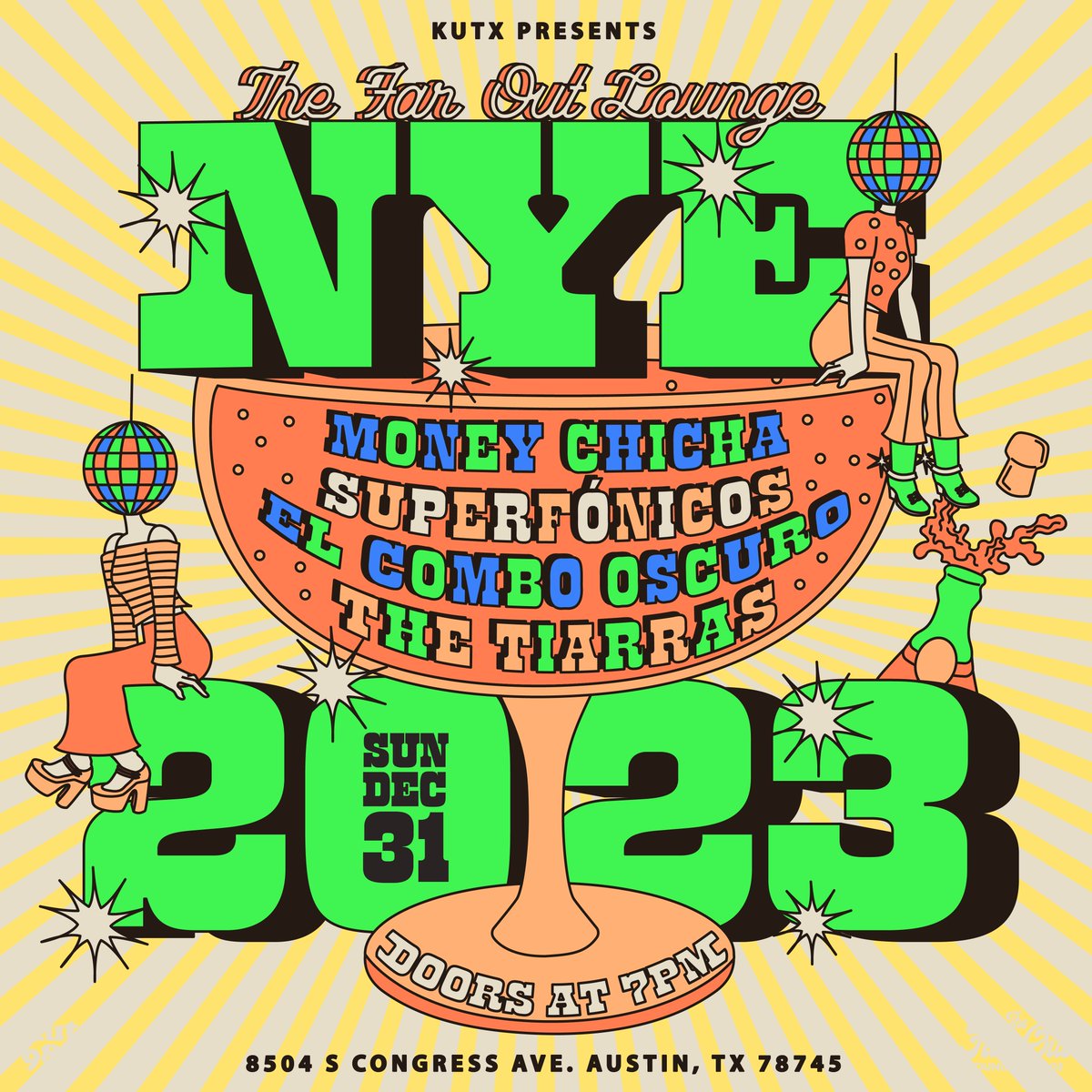The KUTX 10th Birthday Concert Series presents New Year's Eve at The @FarOutLounge with Superfónicos, Money Chicha, <a href="/ElComboOscuro/">El Combo Oscuro</a>, and <a href="/TheTiarras/">the tiarras</a> 🎉 Dance right into the new year - get tickets now kutx.org/kutx-presents/…