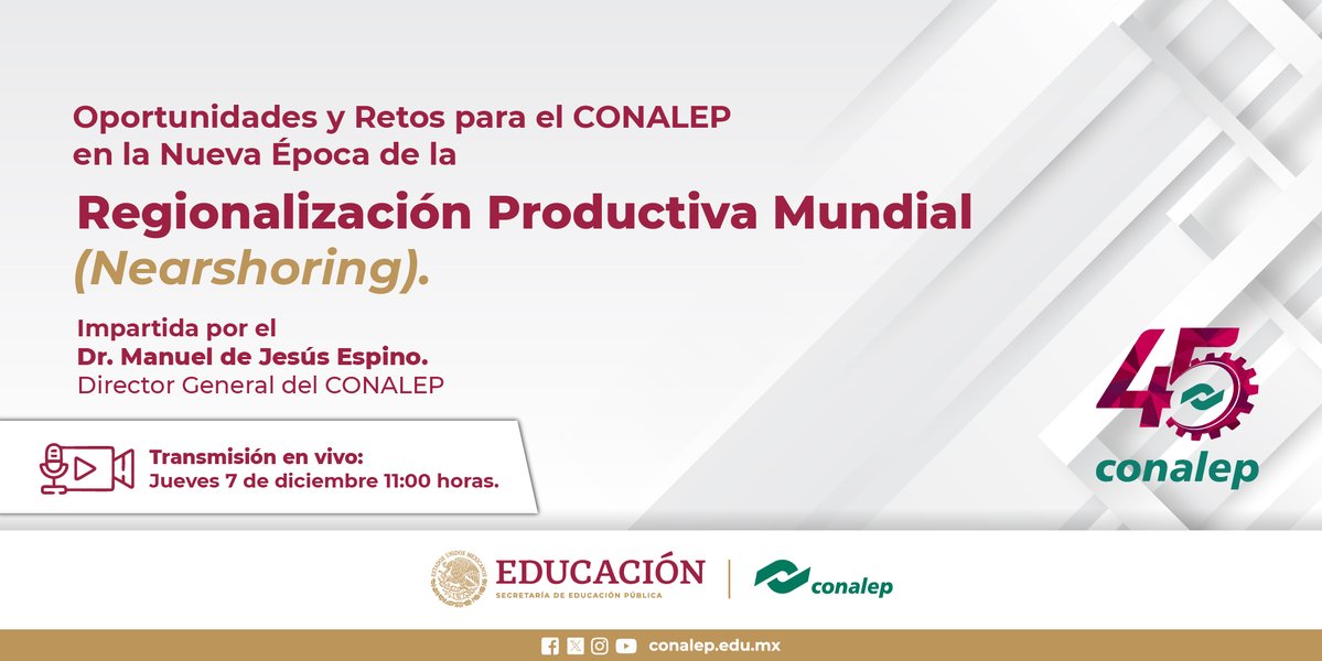 CONALEP_Mex's tweet photo. Te invitamos a la conferencia magistral que presentará nuestro director general @ManuelEspino, de forma virtual.
#TransformandoLaEducación

Sigue la transmisión: https://t.co/mi0IzhyOTP https://t.co/VpvVXtDsUn