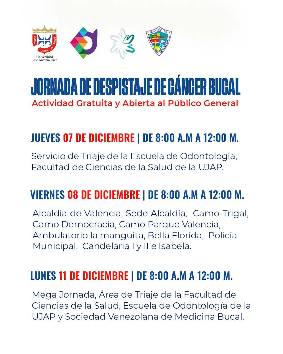 Jornada de Despistaje de Cáncer Bucal👨‍⚕️🦷

La Escuela de Odontología de nuestra UJAP, te invita a participar en esta Jornada del 7 al 11 de diciembre, de 8 a.m. a 12 m. 

➡️ Desliza para conocer los detalles.

¡Te esperamos! ✨