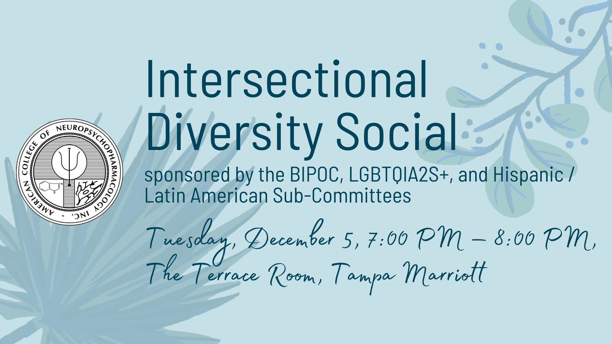 ACNPorg's tweet image. Join us tonight at the Intersectional Diversity Social, sponsored by the BIPOC, LGBTQIAS2S+, and Latin American/Hispanic Sub-Committees from 7:00pm-8:00pm in the Terrace Room, Tampa Marriott Level 1. 

Everyone is welcome! #ACNP2023