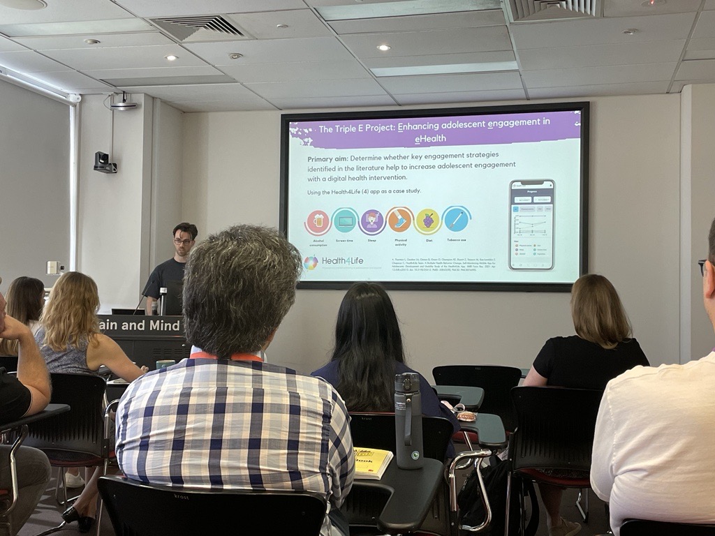 Engaging in #ehealth measures such as apps are helping adolescents to work on #preventative measures to protect their #mentalhealth, says the Matilda Centre's Matt Watt as he presents at @BrainMind_USyd Symposium on Triple E project.