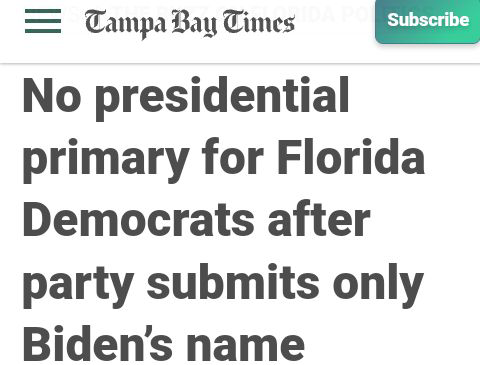 PoliticsCourage's tweet photo. "#PresidentBiden’s…primary rivals" note this move by the Floridian #DemocraticParty "deprives its voters of the power to choose their presidential nominee at a time when…¼ of #Democrats in #Florida unfavorably view #Biden."

#VoteGreen to #SaveDemocracy

https://t.co/dh1xsJ0aFP https://t.co/HYXxPBCuyC