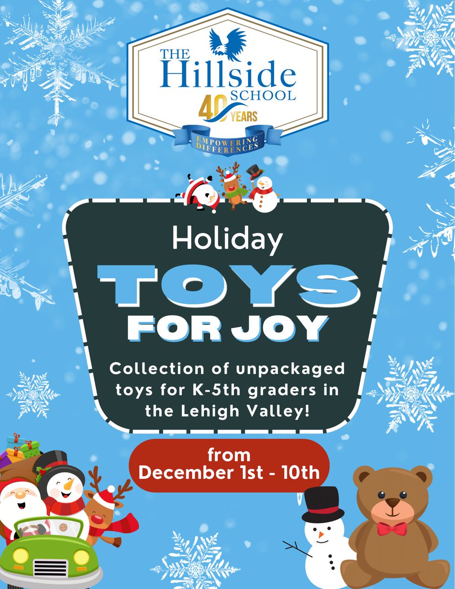 The Hillside School is partnering once again with the Emmaus Rotary Club for a Holiday Toy Drive! 🧸🚂

Make this season magical for more Lehigh Valley children by donating new, unwrapped toys for K-5th graders. From Dec. 1st - Dec. 10th!💝

#hillsideschool #GivingEveryTuesday