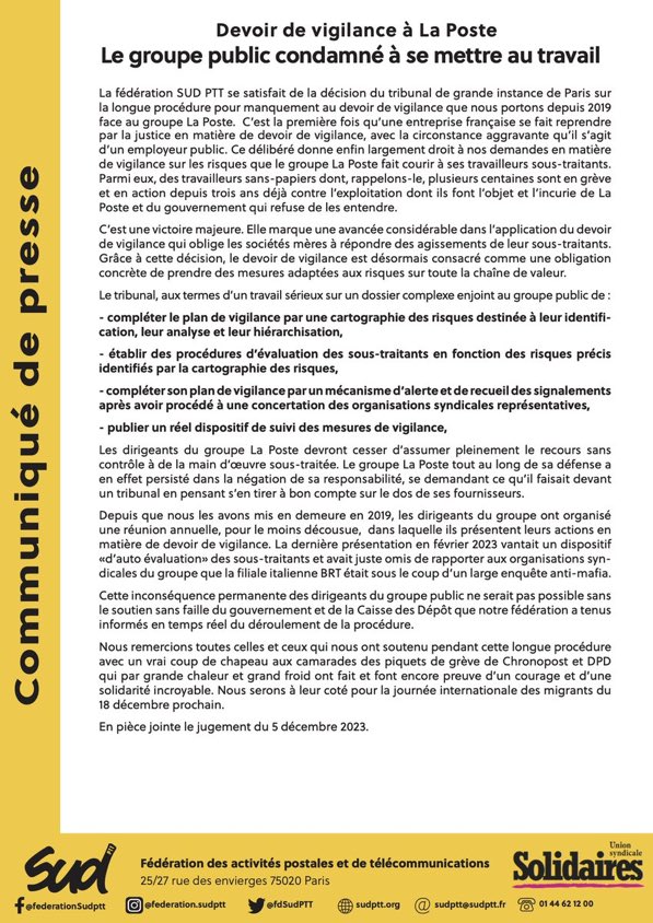 AngeliqueGrosm1's tweet image. Belle victoire! Un jugement historique #DevoirDeVigilance @GroupeLaPoste devient la première entreprise française condamnée en France pour manquement au devoir de vigilance