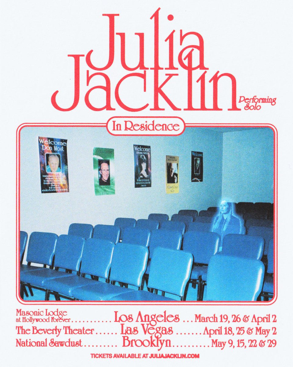 HEY ❤️ doing a few solo residencies in 2024 - Las Vegas, LA and Brooklyn Fan pre-sale starts 10am local time on Dec 6th (password is JJSOLO) General on-sale is 10am local time on Dec 8th Tickets at juliajacklin.com Poster Sebi White