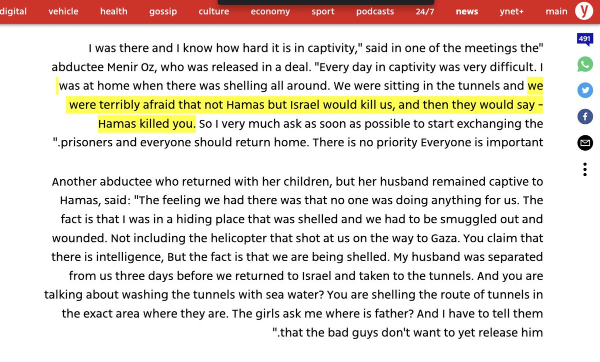 2\ One released abductee told Netanyahu an IDF 'helicopter shot at us on the way to Gaza. You claim that there is intelligence, But the fact is that we are being shelled.' She said her husband is still in Gaza & she fears for his life (I hope a deal for his release is made soon)