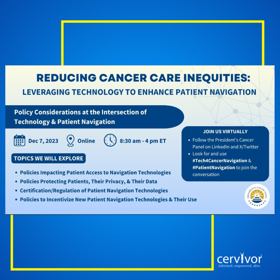 On 12/7, @tamikafelder will participate in the @PresCancerPanel’s #Tech4CancerNavigation meeting to discuss policy opportunities to improve patient access, support patient privacy, and regulate technologies for #PatientNavigation. Learn more: bit.ly/3R5KQcf #HealthEquity