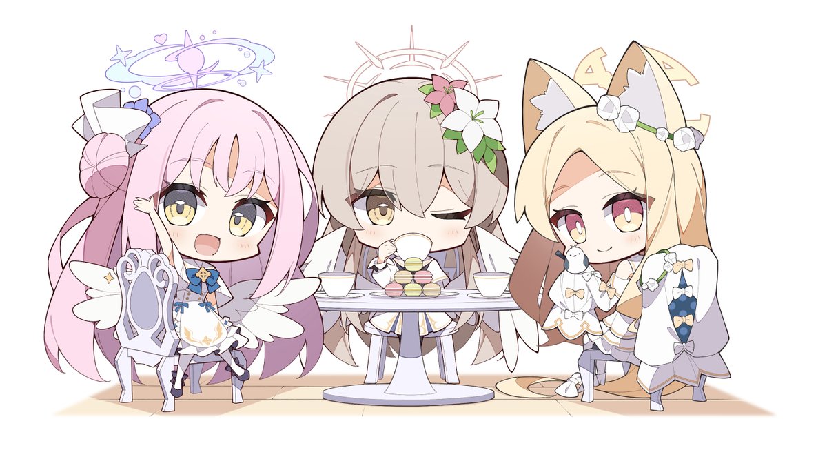 mika (blue archive) ,nagisa (blue archive) ,seia (blue archive) single side bun white wings hair flower halo wings chibi sleeves past fingers  illustration images