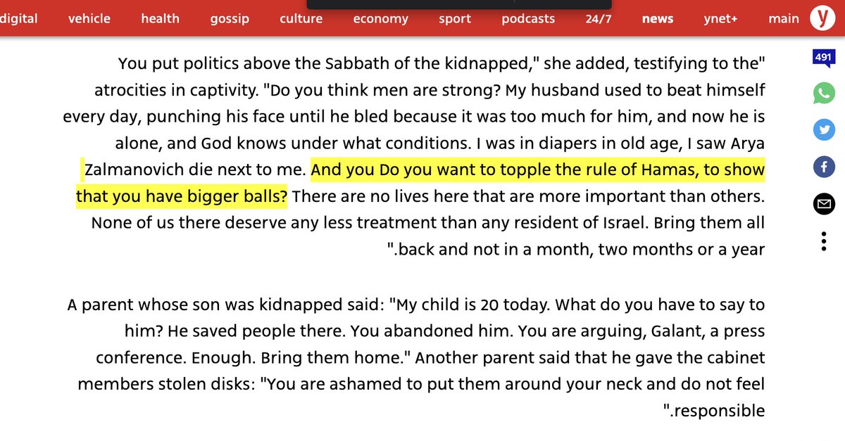 3\ The released hostage accused Netanyahu of putting politics above the release of the hostages. She said Netanyahu's focus on toppling Hamas' rule is about showing that 'you have bigger balls' (& thus saving his own neck for the Oct 7 failures).