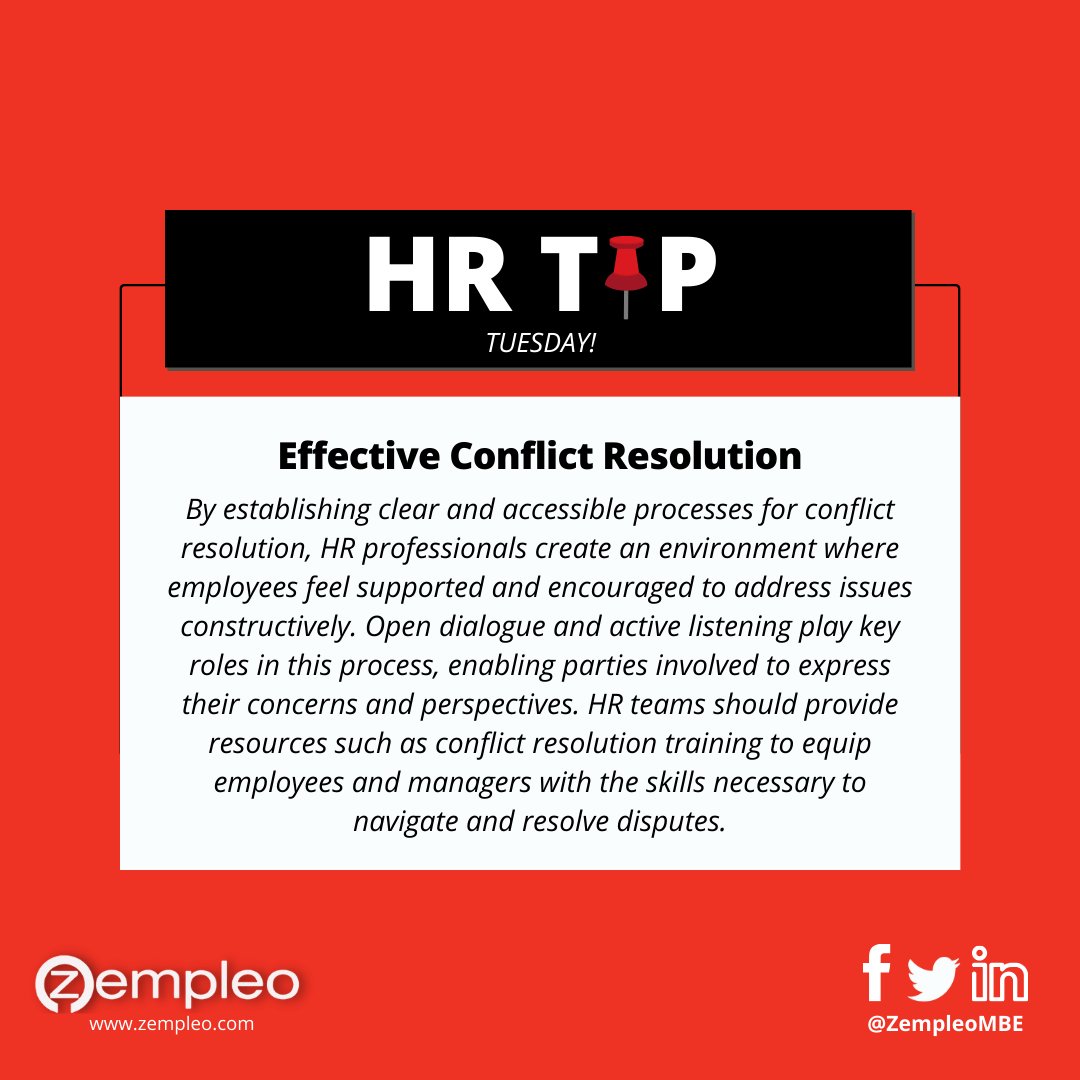 Our #HRTip of the week is the importance of effective conflict resolution. Conflict resolution isn't just about solving disputes; it's about building stronger, more collaborative teams. 

#WorkplaceHarmony #ConflictResolution #TeamBuilding