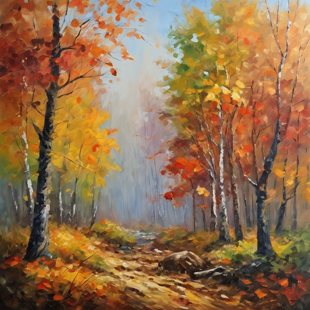 Feel free to use this #RoyaltyFree #artwork for anything.

Autumn's palette unfolds in this forest, where fiery leaves carpet a path into the mist. A journey through vibrant whispers of the changing seasons.

#AutumnArt #ImpressionistPainting #NatureWalks