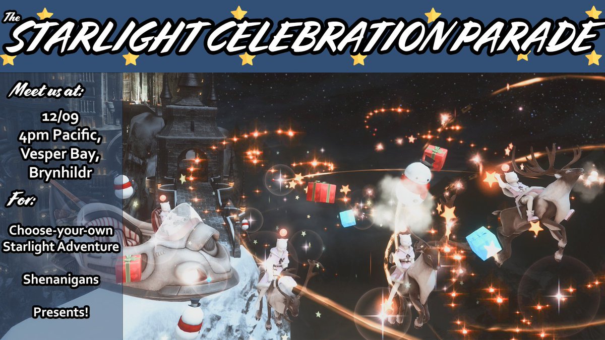 Prancing_Moogle's tweet photo. Hohoho, kupo! The annual Starlight Celebration Parade is almost here! Join us at Vesper Bay this Saturday as we march across Eorzea bringing holiday cheer
Saturday December 9th
Starting @ 4pm Pacific
Crystal > Brynhildr > Vesper Bay
#FFXIV #FF14 #CrystalDatacenter #PlayerEvents https://t.co/MwWAzK1ozI
