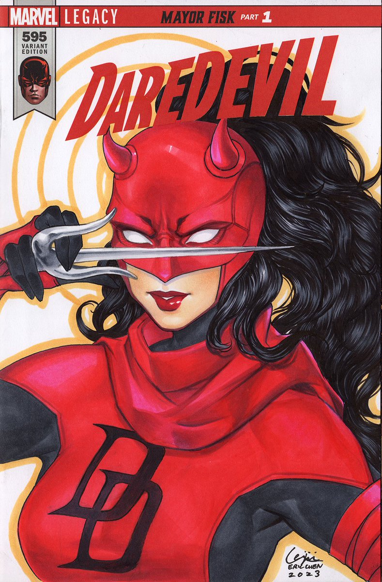 Not Going to Tokyo Comic Con this year, but here is a Lady Daredevil on a Daredevil Marvel Blank Cover. :) Drawn with Copic Markers and Ink. #Daredevil #ComicCon #東京コミコン