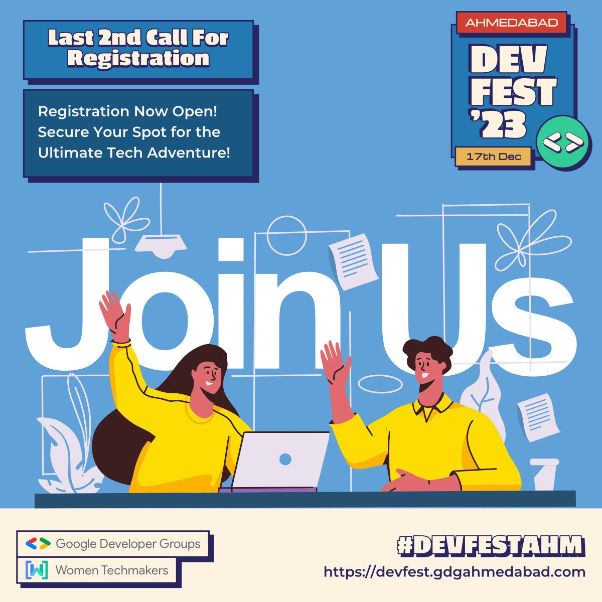 Last Call for Registration! Don't miss your chance to be part of #DevfestAhm 2023!

Secure your spot NOW: devfest.gdgahmedabad.com/registration

#GDG #Ahmedabad #GDGIndia #DevFest23