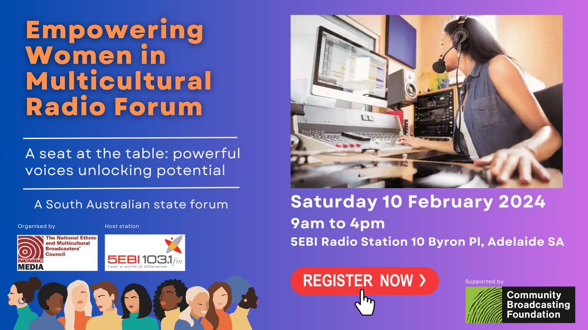 Empowering Women in Multicultural Radio Forum is a SA State forum dedicated to enhancing the knowledge, influence and practical skills of ethnic women community broadcasters from metropolitan and regional South Australia.

Register here: events.humanitix.com/empowering-wom…