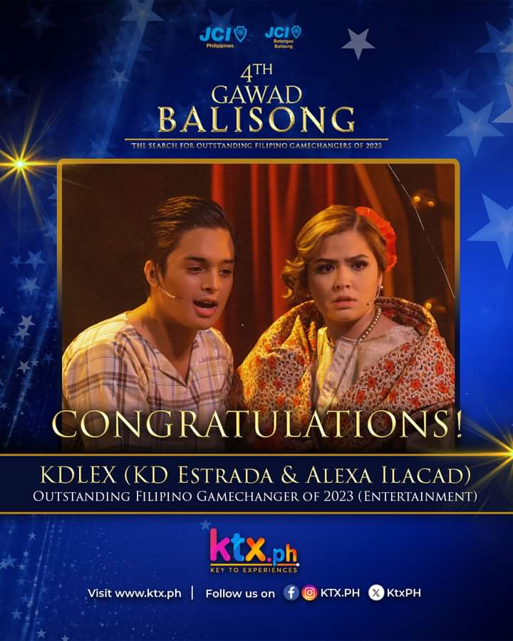 Congratulations to KDLEX (KD Estrada and Alexa Ilacad) for being the first gamechangers in this year's Gawad Balisong: The Search for Outstanding Filipino Gamechangers of 2023.

#KDLEXGamechangers
#JCIBatangasBalisong
#GawadBalisong #KTXPH #KDLEX