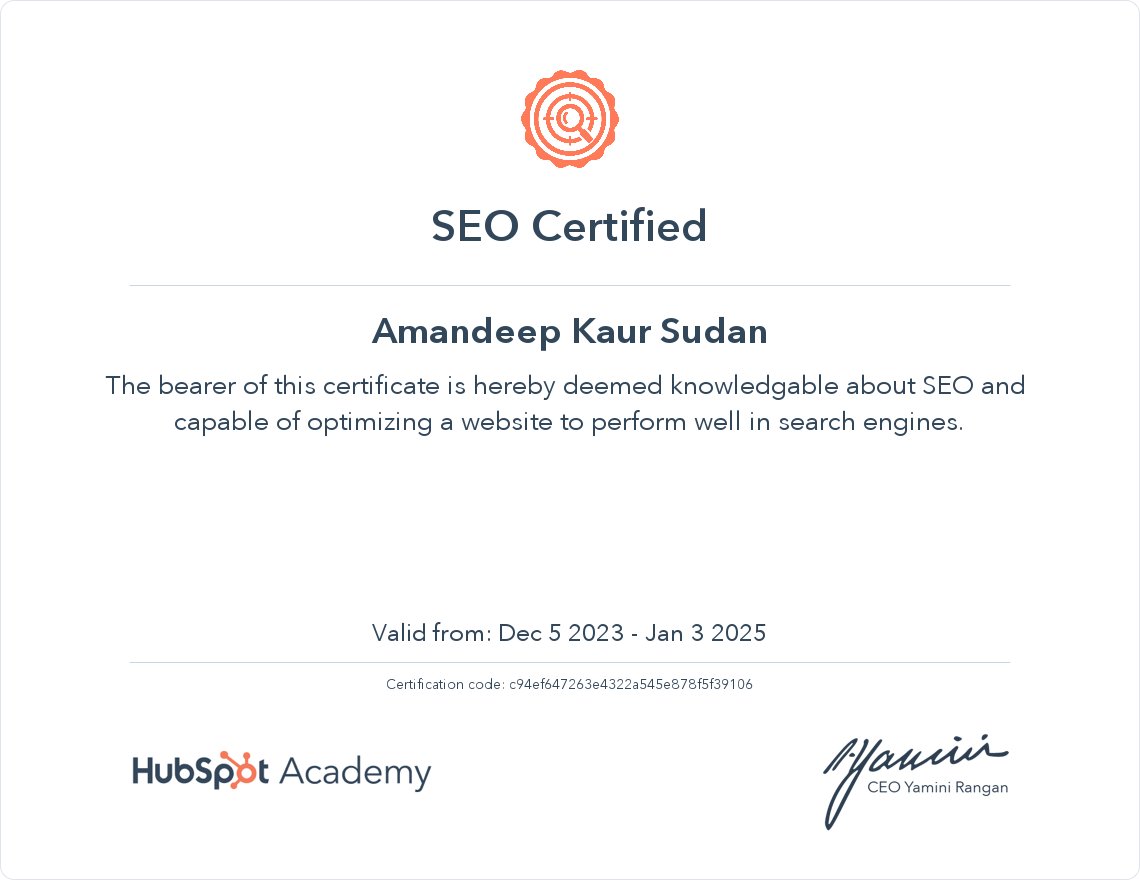 Amandeep141126's tweet photo. Honored to receive my SEO certification from @HubSpotAcademy
Thankyou @EKarmaIND
@highereduHRY,and @mlkhattar for providing digital marketing training. I am also thankful to @HubSpot for providing certificate to me
#ekarma #HubSpot #hubspotacademy #seoexpert
#SEOcertification https://t.co/XNCE1cdvIJ