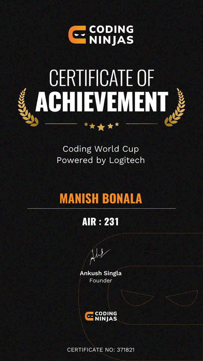 Manishpspk66586's tweet image. Hey!
I'm excited to share the certificate from @CodingNinjasOff for participating in the #codingworldcup powered by @Logitech. I stormed into the grand finale and secured AIR 231. Throughout the contest, I gained a lot of knowledge by solving a wide variety of problems. 
#coding