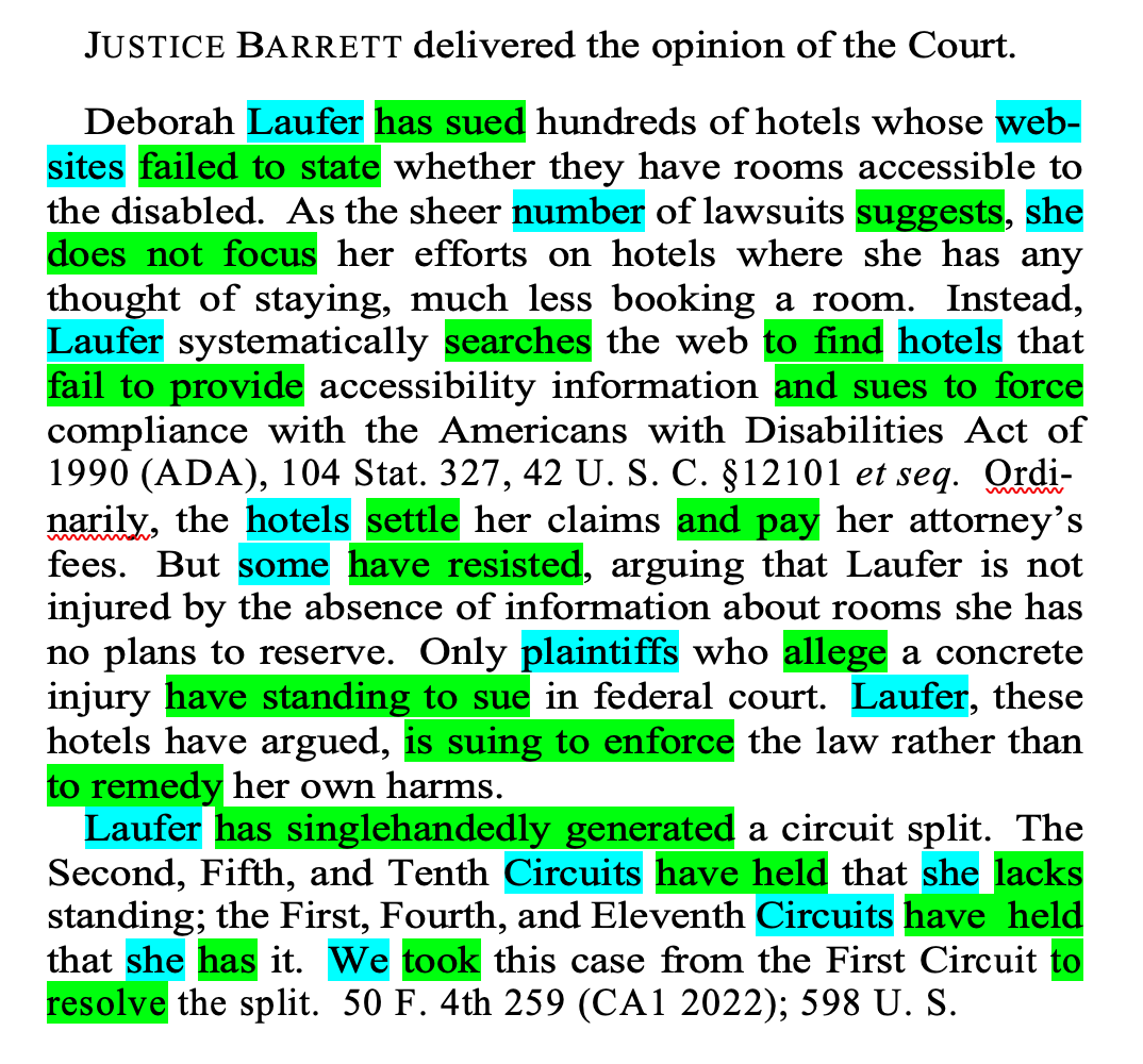 legalwritingpro's tweet photo. Lesson Three: Active one-syllable verbs enhance readability while adding  personality and punch: 

sued... focus...find...fail...force...pay...lacks...took.

Sure enough, the #BriefCatch Report shows that Barrett favors shorter-than-average words.

4/5

#legaltech https://t.co/Rn296XBQHg