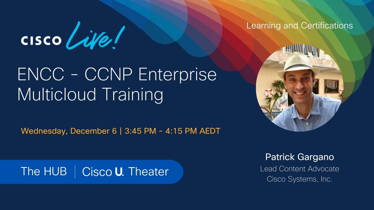 In our last #CiscoU Theatre session of the day, @PatrickGargano shines a light on ENCC—our new #CCNP Enterprise concentration in #CloudConnectivity. 🔦 

Explore the exam topics, official Learning Path, and get a look inside with a demo of its hands-on labs. 🛠️ 

#CiscoLiveAPJC