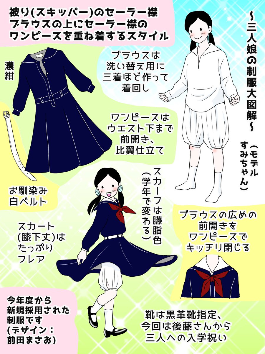 さっきなんとなく見直してて気付きました、3人娘たちのセーラー服の配色、正しくはこうです、支部では正しい方を上げますスミマセン😭🙇‍♂️‼️
お詫び(?)に、まさお前田によるデザイン説明も再掲しておきます🙇‍♂️🙇‍♂️🙇‍♂️ 