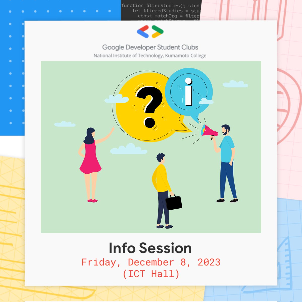 gdsc_nitk's tweet photo. *以下日本語続きます。
Good afternoon, peeps !

Get ready for the first event held by GDSC 2023-2024 ! In this session, we will talk about what GDSC is, our core members, events that will be held, and how to join our community. You can also ask anything in the end of this session. https://t.co/9I9eG0J4SV